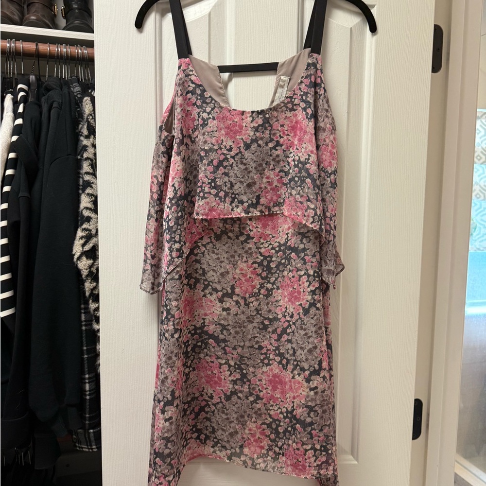 Angie Asymmetrical Dress in Pink and Gray Floral